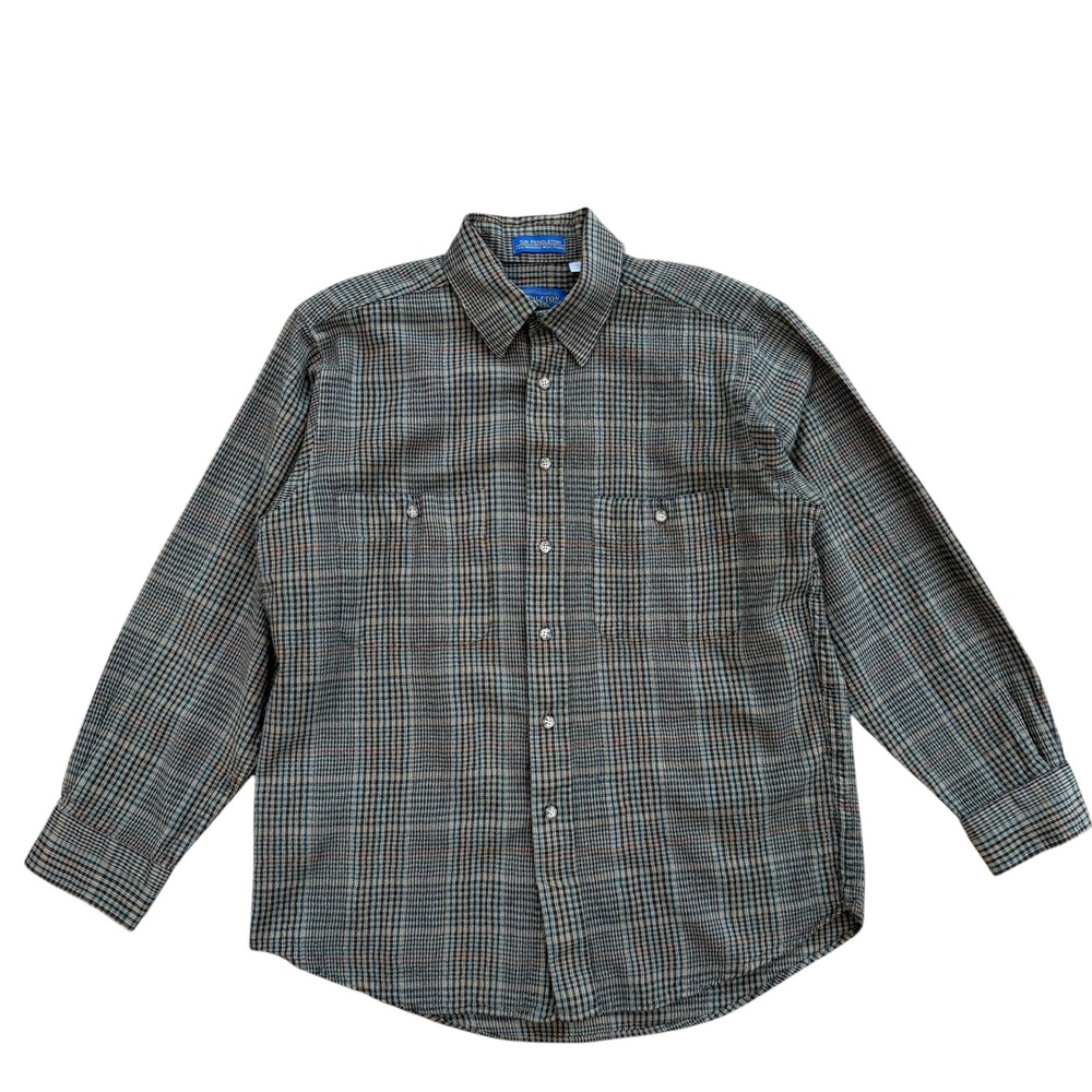 Sir Pendleton Mens Wool Plaid Button Down Shirt Blue Brown Made in USA